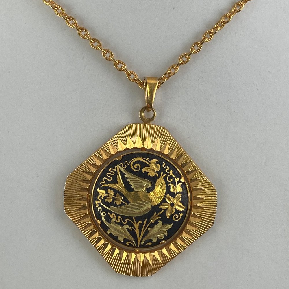 Vintage 1970s Damascene Pendant and Chain Gold Tone Bird